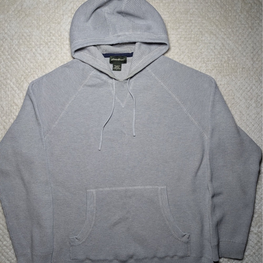 Eddie Bauer Mens Light Gray Ribbed Knit 100% Cotton‎ Raglan Hoodie Sweater Large